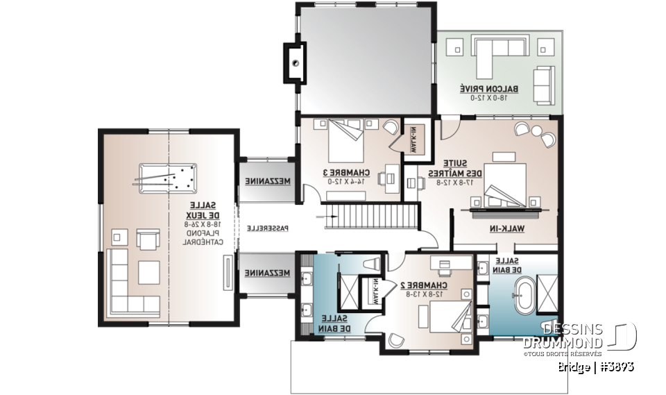 Étage - Plan maison 4 chambres, moderne rustique, 3 salles de bain, grand garage, salon avec plafond 20 pi. - Bridge