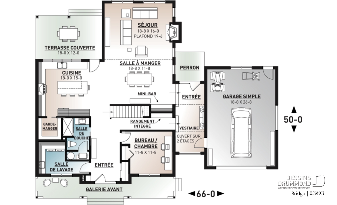 Rez-de-chaussée - Plan maison 4 chambres, moderne rustique, 3 salles de bain, grand garage, salon avec plafond 20 pi. - Bridge