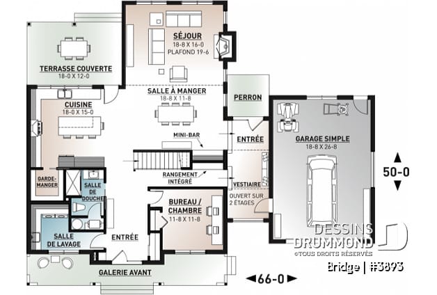 Rez-de-chaussée - Plan maison 4 chambres, moderne rustique, 3 salles de bain, grand garage, salon avec plafond 20 pi. - Bridge