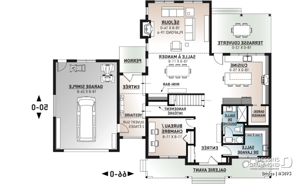 Rez-de-chaussée - Plan maison 4 chambres, moderne rustique, 3 salles de bain, grand garage, salon avec plafond 20 pi. - Bridge