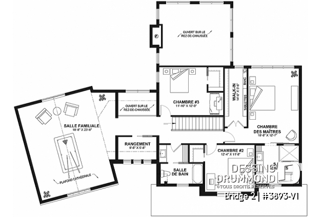 Étage - Plan de maison farmhouse 3 à 5 chambres, bureau, garage, salle de jeux, 2 grandes terrasses arrière - Bridge 2