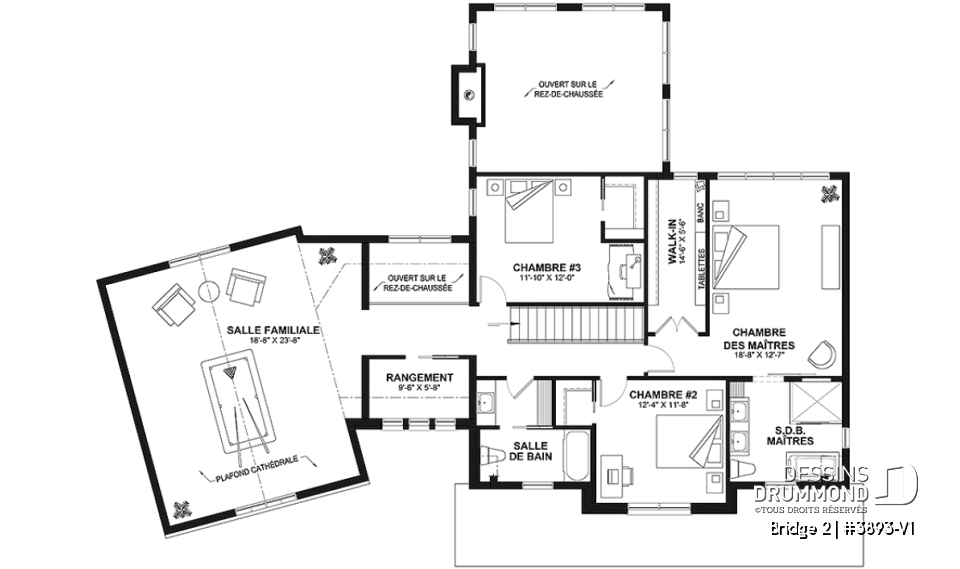 Étage - Plan de maison farmhouse 3 à 5 chambres, bureau, garage, salle de jeux, 2 grandes terrasses arrière - Bridge 2