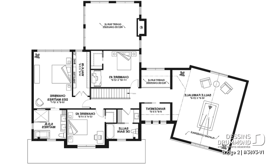 Étage - Plan de maison farmhouse 3 à 5 chambres, bureau, garage, salle de jeux, 2 grandes terrasses arrière - Bridge 2
