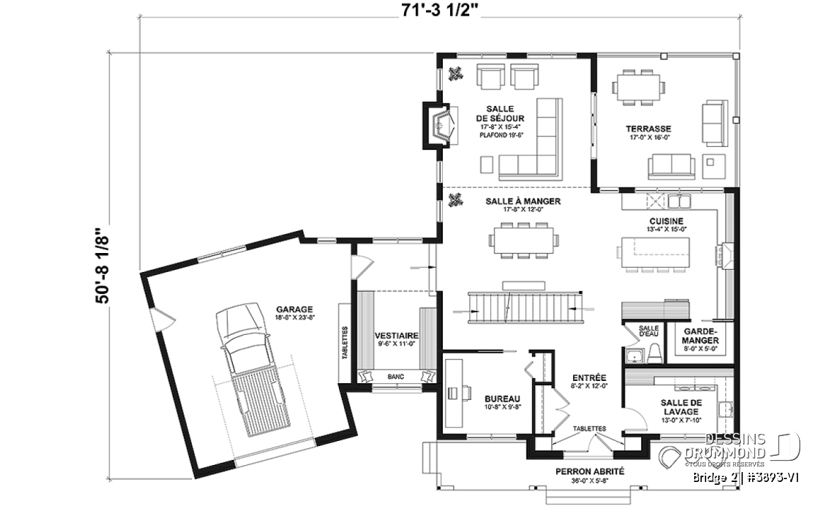 Rez-de-chaussée - Plan de maison farmhouse 3 à 5 chambres, bureau, garage, salle de jeux, 2 grandes terrasses arrière - Bridge 2