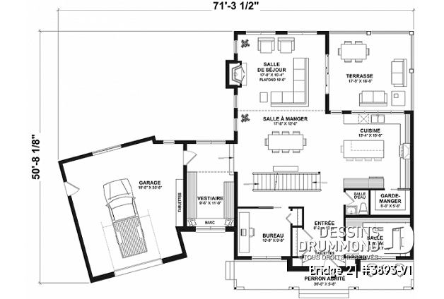 Rez-de-chaussée - Plan de maison farmhouse 3 à 5 chambres, bureau, garage, salle de jeux, 2 grandes terrasses arrière - Bridge 2