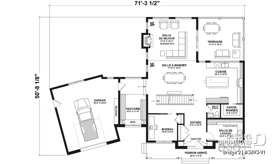 Rez-de-chaussée - Plan de maison farmhouse 3 à 5 chambres, bureau, garage, salle de jeux, 2 grandes terrasses arrière - Bridge 2