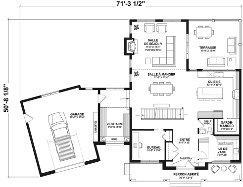 Rez-de-chaussée - Plan de maison farmhouse 3 à 5 chambres, bureau, garage, salle de jeux, 2 grandes terrasses arrière - Bridge 2