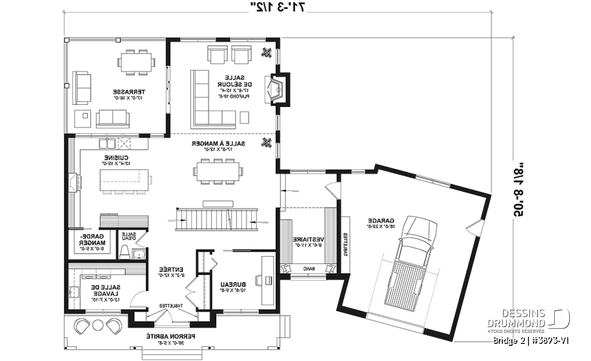 Rez-de-chaussée - Plan de maison farmhouse 3 à 5 chambres, bureau, garage, salle de jeux, 2 grandes terrasses arrière - Bridge 2