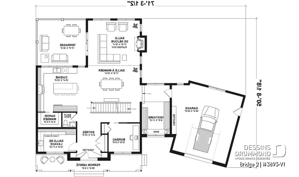 Rez-de-chaussée - Plan de maison farmhouse 3 à 5 chambres, bureau, garage, salle de jeux, 2 grandes terrasses arrière - Bridge 2