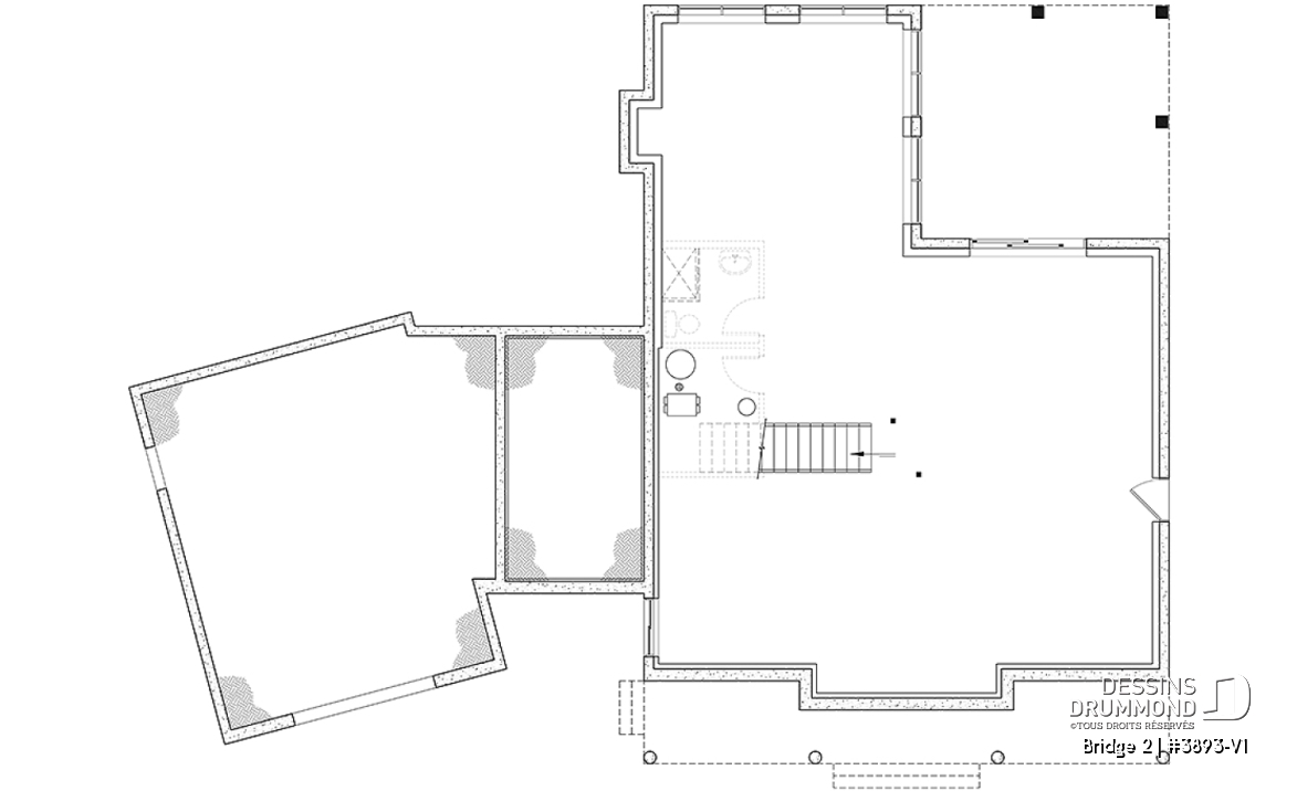 Sous-sol - Plan de maison farmhouse 3 à 5 chambres, bureau, garage, salle de jeux, 2 grandes terrasses arrière - Bridge 2