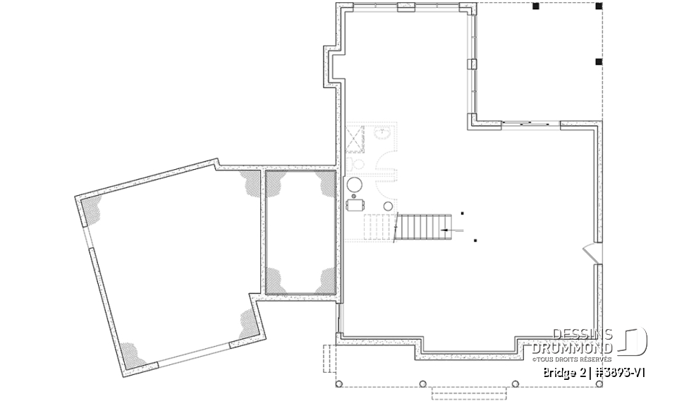 Sous-sol - Plan de maison farmhouse 3 à 5 chambres, bureau, garage, salle de jeux, 2 grandes terrasses arrière - Bridge 2