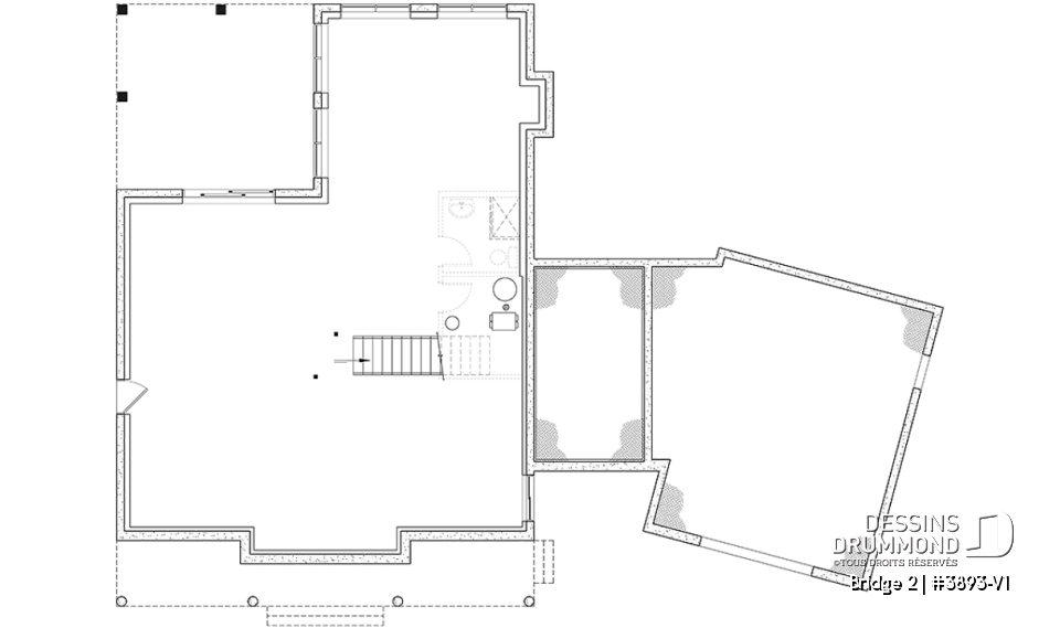 Sous-sol - Plan de maison farmhouse 3 à 5 chambres, bureau, garage, salle de jeux, 2 grandes terrasses arrière - Bridge 2