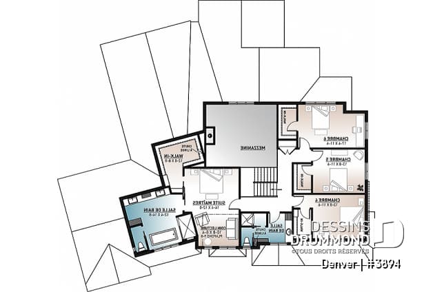 Étage - Plan de maison 4 à 7 chambres possible, cuisine avec îlot et garde-manger x-large, terrain basket intérieur - Denver