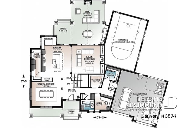 Rez-de-chaussée - Plan de maison 4 à 7 chambres possible, cuisine avec îlot et garde-manger x-large, terrain basket intérieur - Denver