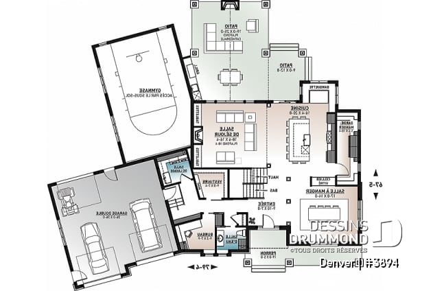 Rez-de-chaussée - Plan de maison 4 à 7 chambres possible, cuisine avec îlot et garde-manger x-large, terrain basket intérieur - Denver