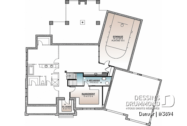 Sous-sol aménagé - Plan de maison 4 à 7 chambres possible, cuisine avec îlot et garde-manger x-large, terrain basket intérieur - Denver