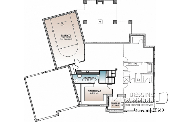 Sous-sol aménagé - Plan de maison 4 à 7 chambres possible, cuisine avec îlot et garde-manger x-large, terrain basket intérieur - Denver