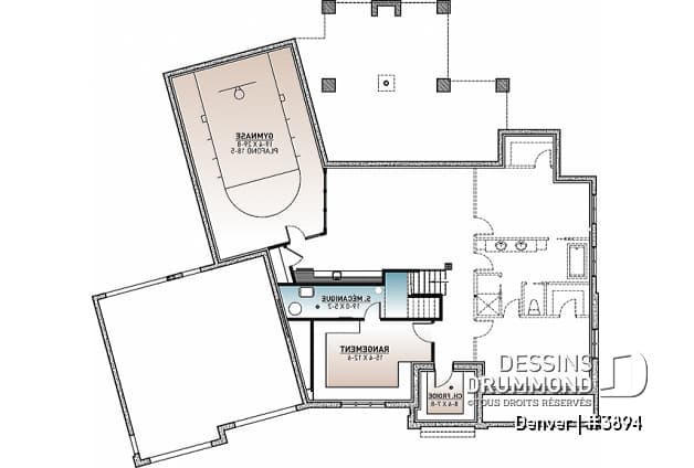 Sous-sol - Plan de maison 4 à 7 chambres possible, cuisine avec îlot et garde-manger x-large, terrain basket intérieur - Denver