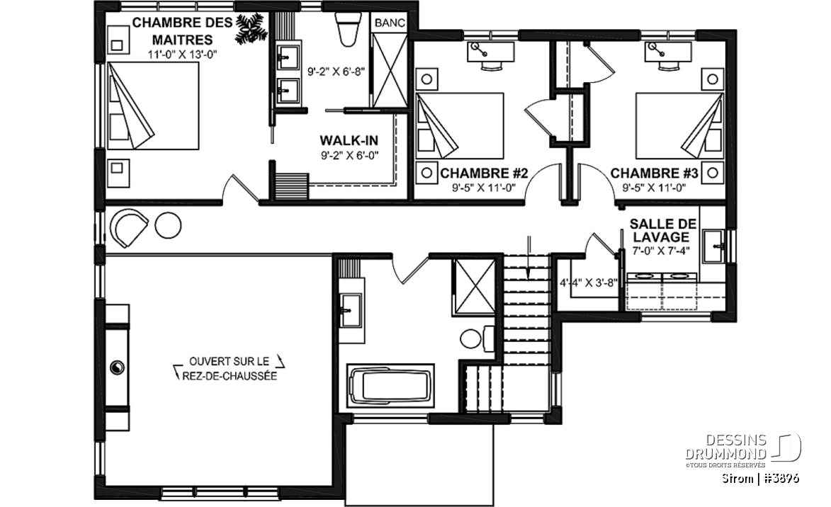 Étage - Plan de maison contemporaine d'inspiration scandinave 3 chambres, 2.5 s.bain, garage, garde-manger, vestiaire - Strom