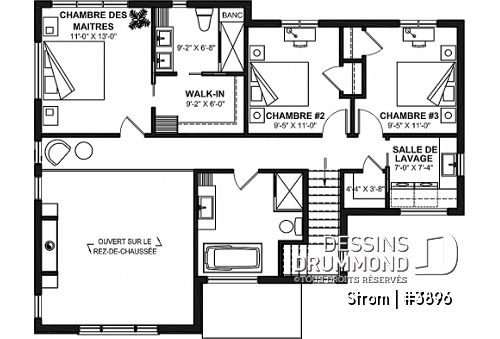 Étage - Plan de maison contemporaine d'inspiration scandinave 3 chambres, 2.5 s.bain, garage, garde-manger, vestiaire - Strom