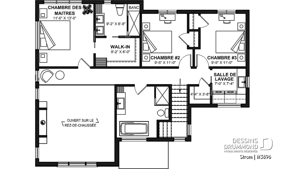 Étage - Plan de maison contemporaine d'inspiration scandinave 3 chambres, 2.5 s.bain, garage, garde-manger, vestiaire - Strom