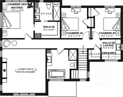 Étage - Plan de maison contemporaine d'inspiration scandinave 3 chambres, 2.5 s.bain, garage, garde-manger, vestiaire - Strom