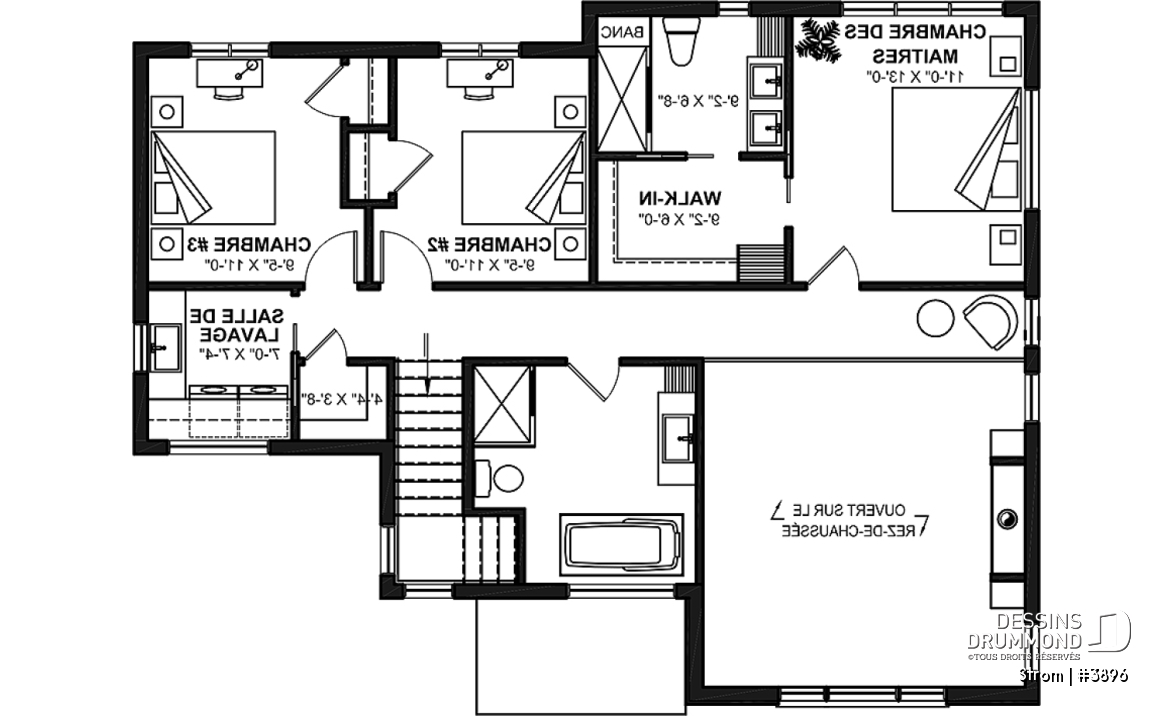 Étage - Plan de maison contemporaine d'inspiration scandinave 3 chambres, 2.5 s.bain, garage, garde-manger, vestiaire - Strom
