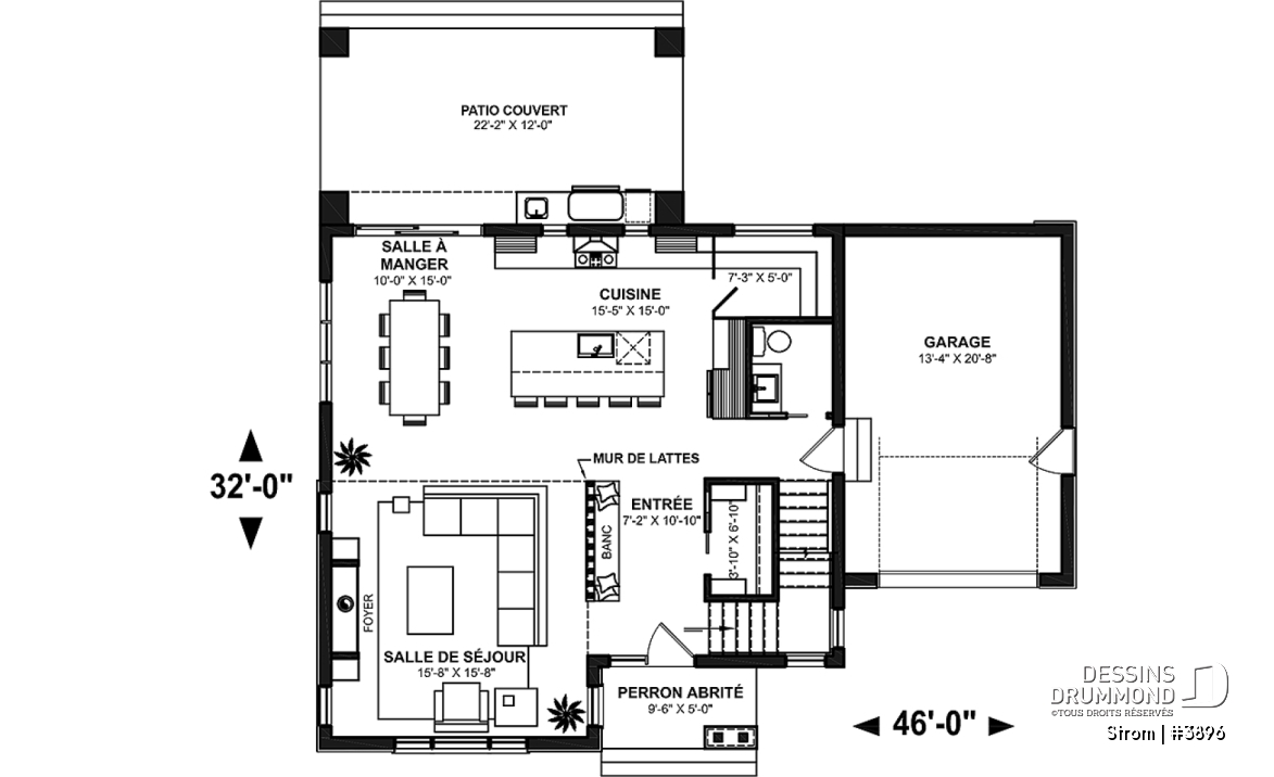 Rez-de-chaussée - Plan de maison contemporaine d'inspiration scandinave 3 chambres, 2.5 s.bain, garage, garde-manger, vestiaire - Strom