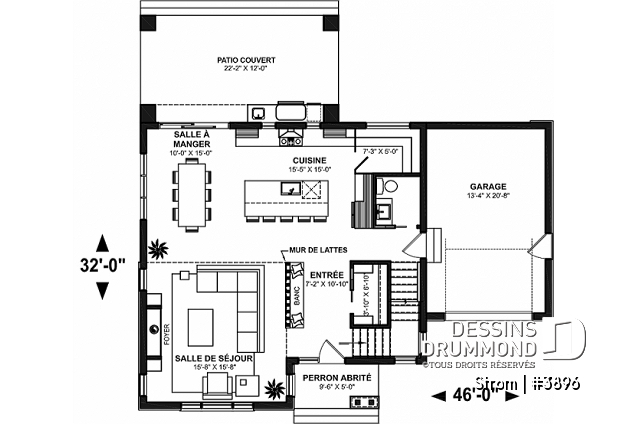 Rez-de-chaussée - Plan de maison contemporaine d'inspiration scandinave 3 chambres, 2.5 s.bain, garage, garde-manger, vestiaire - Strom