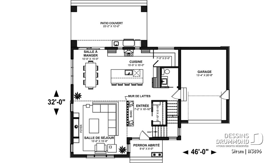 Rez-de-chaussée - Plan de maison contemporaine d'inspiration scandinave 3 chambres, 2.5 s.bain, garage, garde-manger, vestiaire - Strom