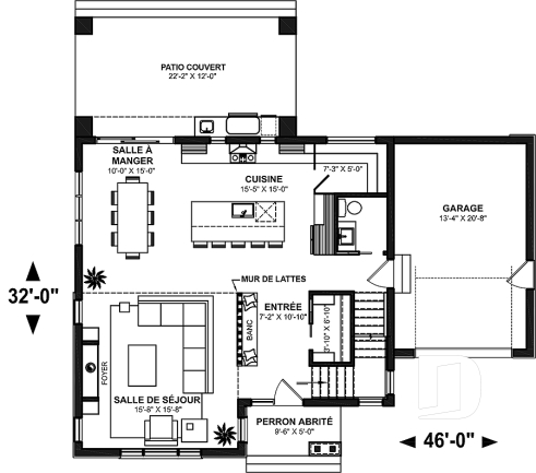 Rez-de-chaussée - Plan de maison contemporaine d'inspiration scandinave 3 chambres, 2.5 s.bain, garage, garde-manger, vestiaire - Strom