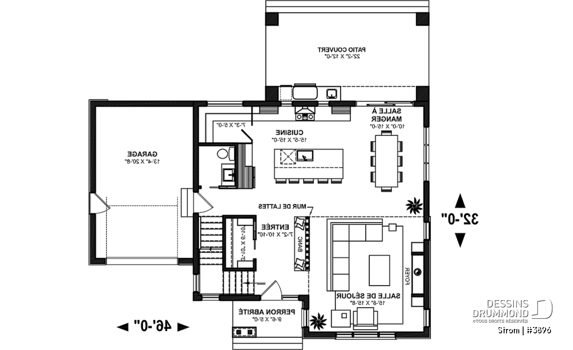Rez-de-chaussée - Plan de maison contemporaine d'inspiration scandinave 3 chambres, 2.5 s.bain, garage, garde-manger, vestiaire - Strom