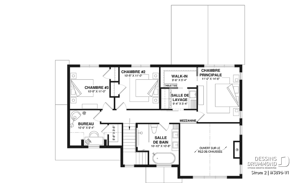 Étage - Plan de maison farmhouse avec plancher versatile de 3 à 6 chambres, sous-sol aménagé optionnel, terrasse - Strom 2