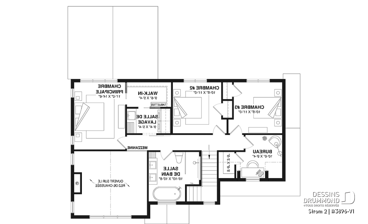 Étage - Plan de maison farmhouse avec plancher versatile de 3 à 6 chambres, sous-sol aménagé optionnel, terrasse - Strom 2