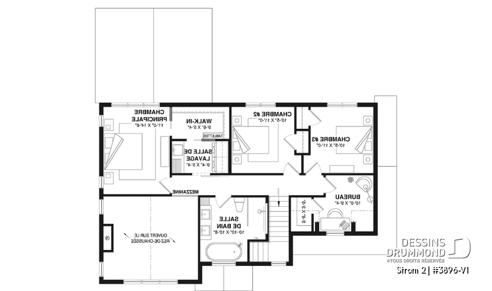 Étage - Plan de maison farmhouse avec plancher versatile de 3 à 6 chambres, sous-sol aménagé optionnel, terrasse - Strom 2