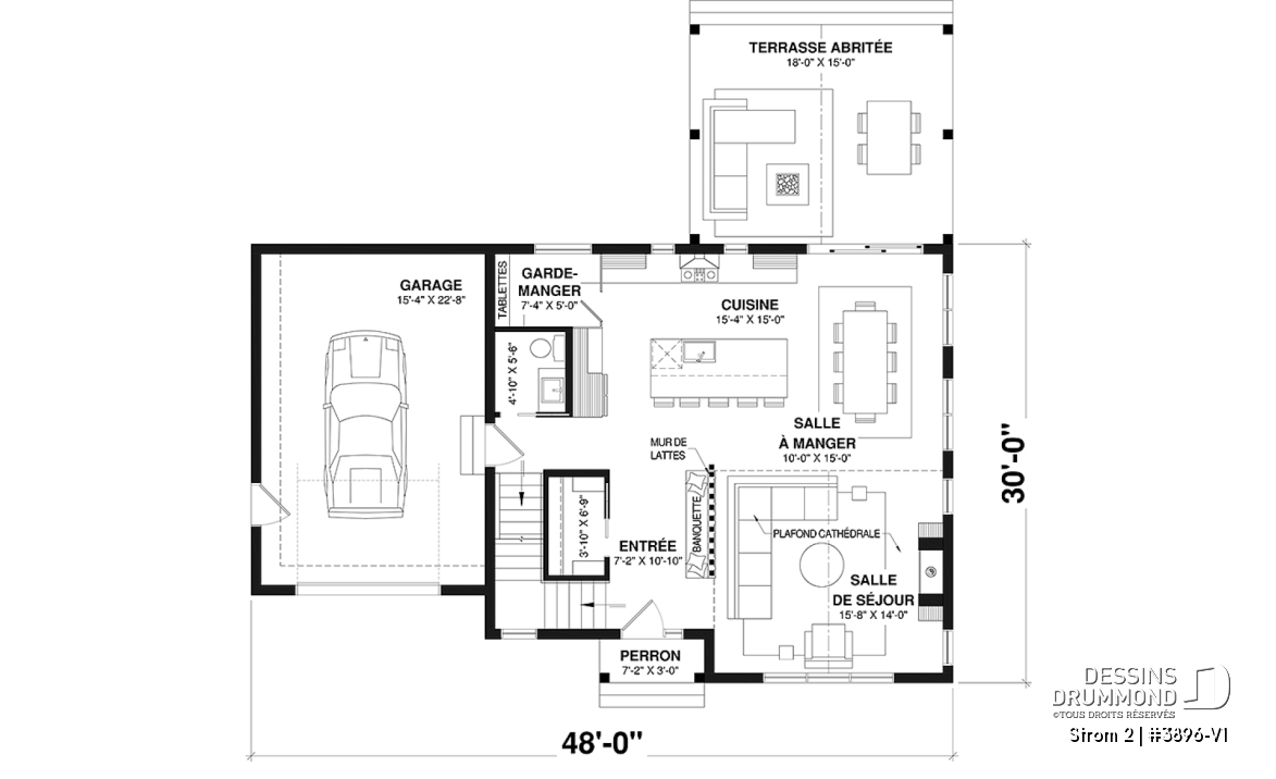 Rez-de-chaussée - Plan de maison farmhouse avec plancher versatile de 3 à 6 chambres, sous-sol aménagé optionnel, terrasse - Strom 2