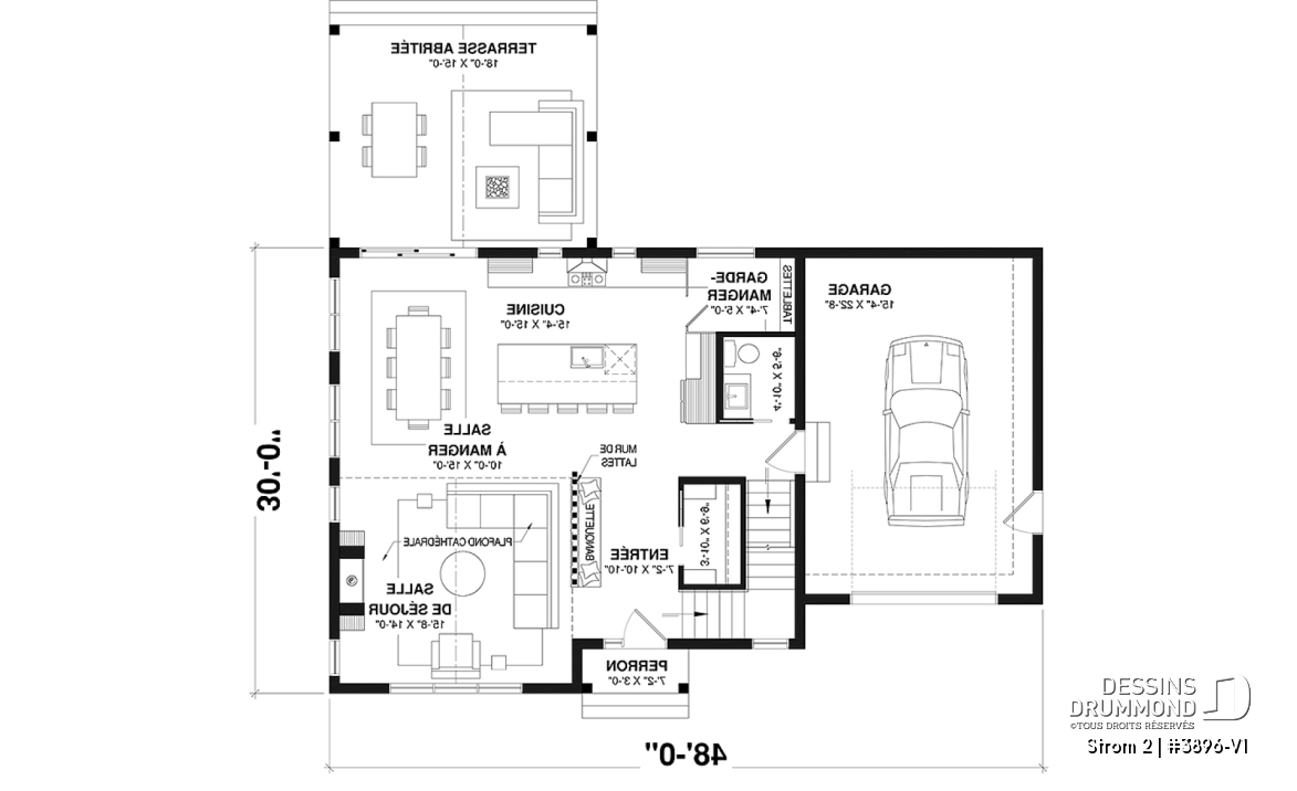Rez-de-chaussée - Plan de maison farmhouse avec plancher versatile de 3 à 6 chambres, sous-sol aménagé optionnel, terrasse - Strom 2