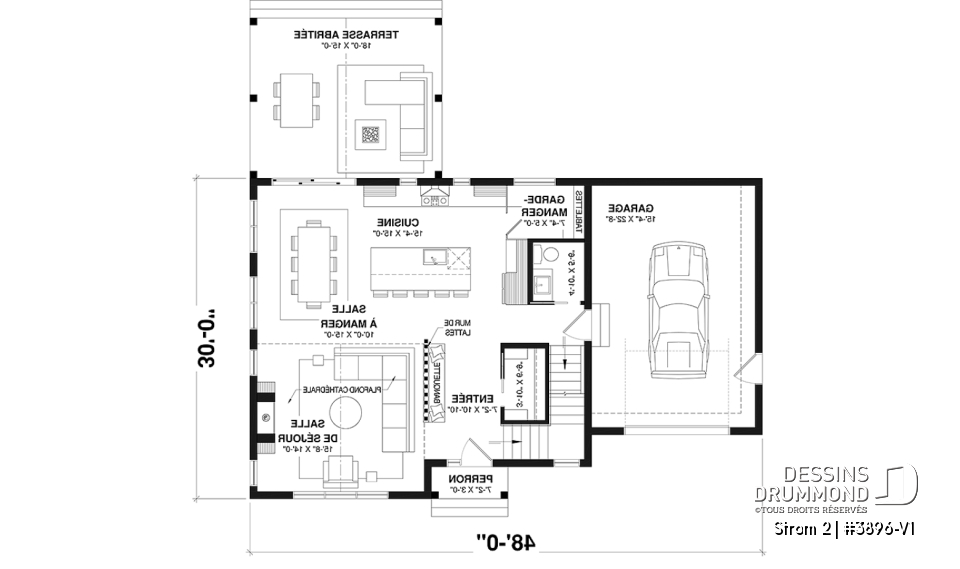 Rez-de-chaussée - Plan de maison farmhouse avec plancher versatile de 3 à 6 chambres, sous-sol aménagé optionnel, terrasse - Strom 2