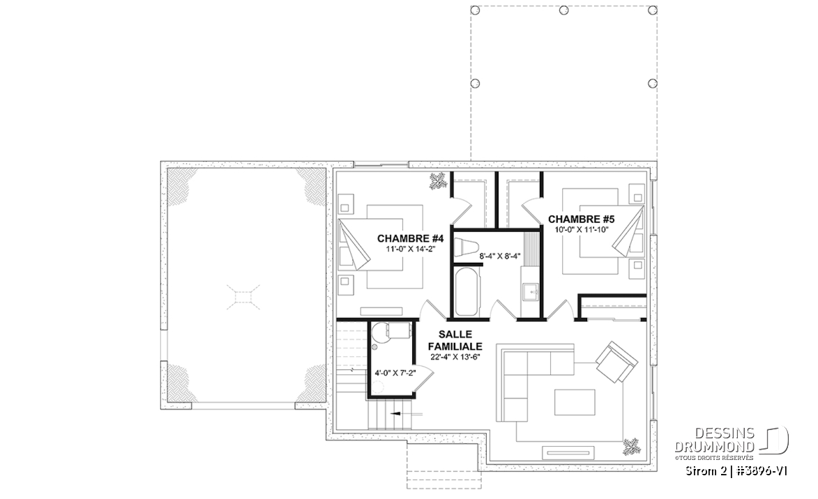 Sous-sol aménagé - Plan de maison farmhouse avec plancher versatile de 3 à 6 chambres, sous-sol aménagé optionnel, terrasse - Strom 2