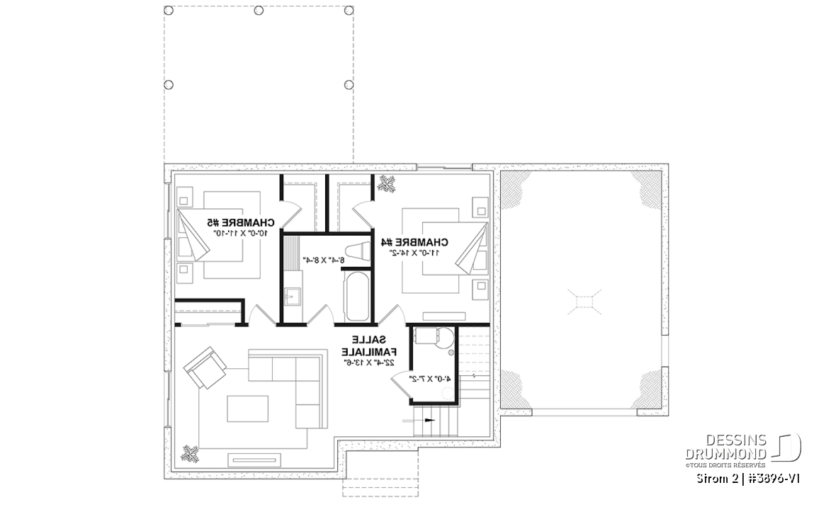 Sous-sol aménagé - Plan de maison farmhouse avec plancher versatile de 3 à 6 chambres, sous-sol aménagé optionnel, terrasse - Strom 2