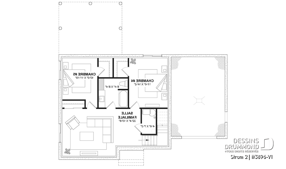 Sous-sol aménagé - Plan de maison farmhouse avec plancher versatile de 3 à 6 chambres, sous-sol aménagé optionnel, terrasse - Strom 2