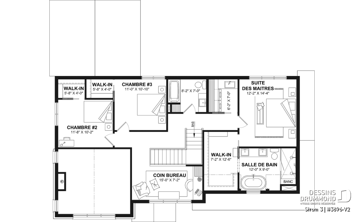 Étage - Plan de maison farmhouse moderne à étage avec 3 à 4 chambres, sous-sol aménagé optionnel et garage double - Strom 3