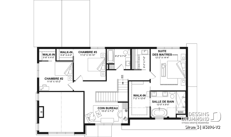 Étage - Plan de maison farmhouse moderne à étage avec 3 à 4 chambres, sous-sol aménagé optionnel et garage double - Strom 3