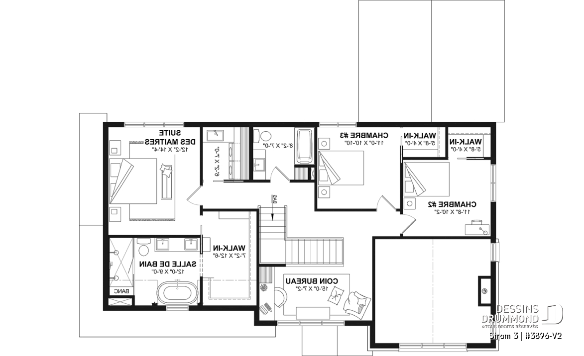 Étage - Plan de maison farmhouse moderne à étage avec 3 à 4 chambres, sous-sol aménagé optionnel et garage double - Strom 3