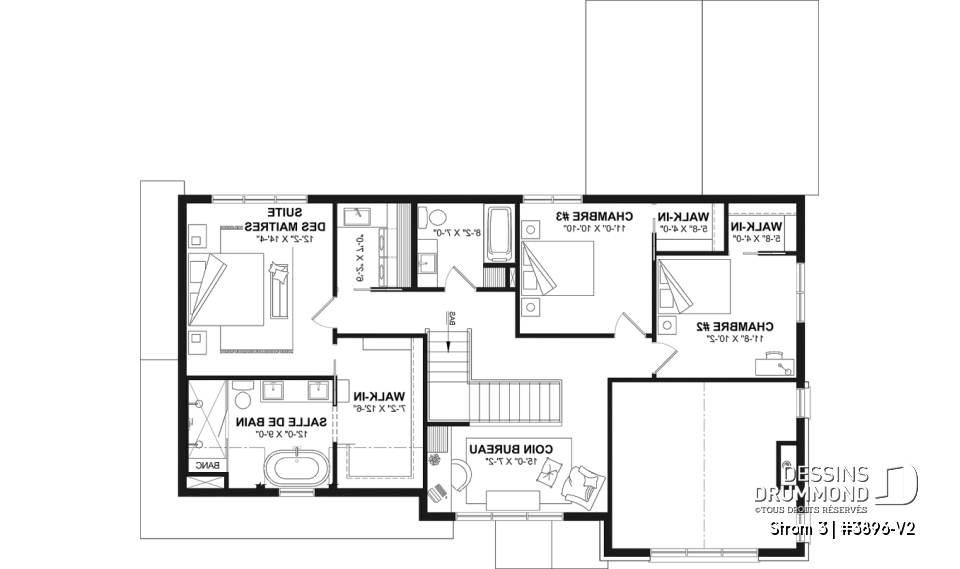 Étage - Plan de maison farmhouse moderne à étage avec 3 à 4 chambres, sous-sol aménagé optionnel et garage double - Strom 3