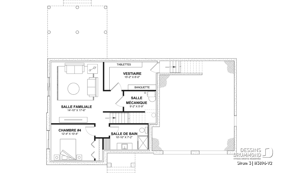 Sous-sol aménagé (Optionel $) - Plan de maison farmhouse moderne à étage avec 3 à 4 chambres, sous-sol aménagé optionnel et garage double - Strom 3