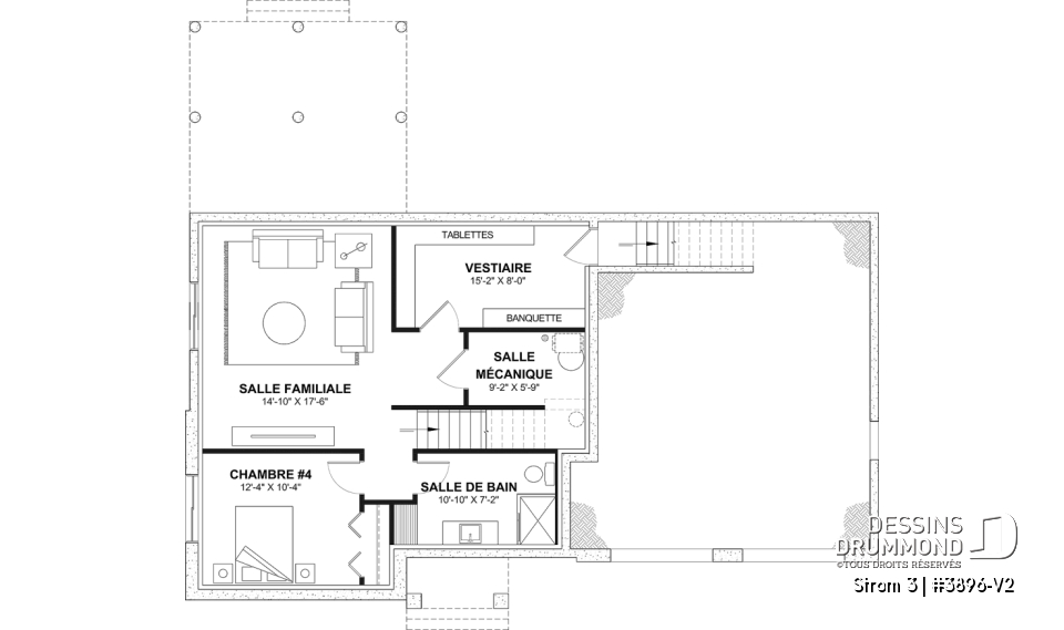 Sous-sol aménagé (Optionel $) - Plan de maison farmhouse moderne à étage avec 3 à 4 chambres, sous-sol aménagé optionnel et garage double - Strom 3