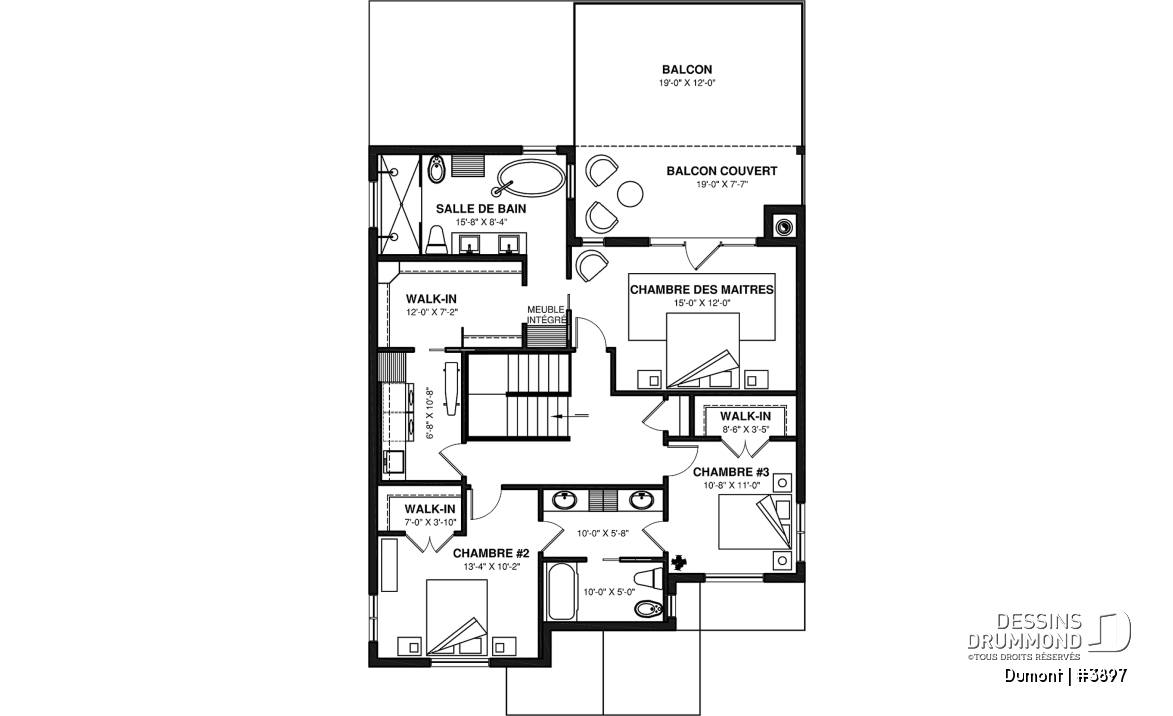 Étage - Plan de maison 3 à 6 chambres, grande suite des maîtres avec balcon privé, bureau, garde-manger, 2 foyers - Dumont