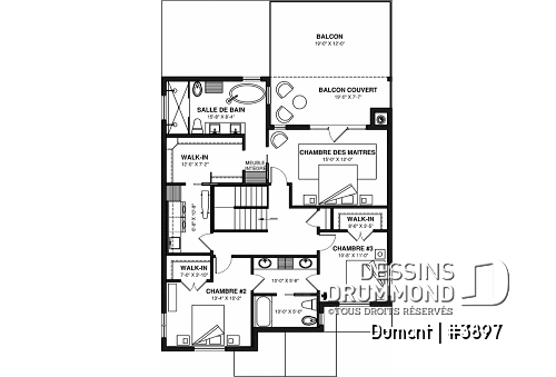 Étage - Plan de maison 3 à 6 chambres, grande suite des maîtres avec balcon privé, bureau, garde-manger, 2 foyers - Dumont