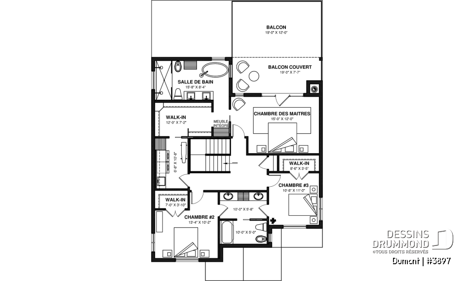 Étage - Plan de maison 3 à 6 chambres, grande suite des maîtres avec balcon privé, bureau, garde-manger, 2 foyers - Dumont